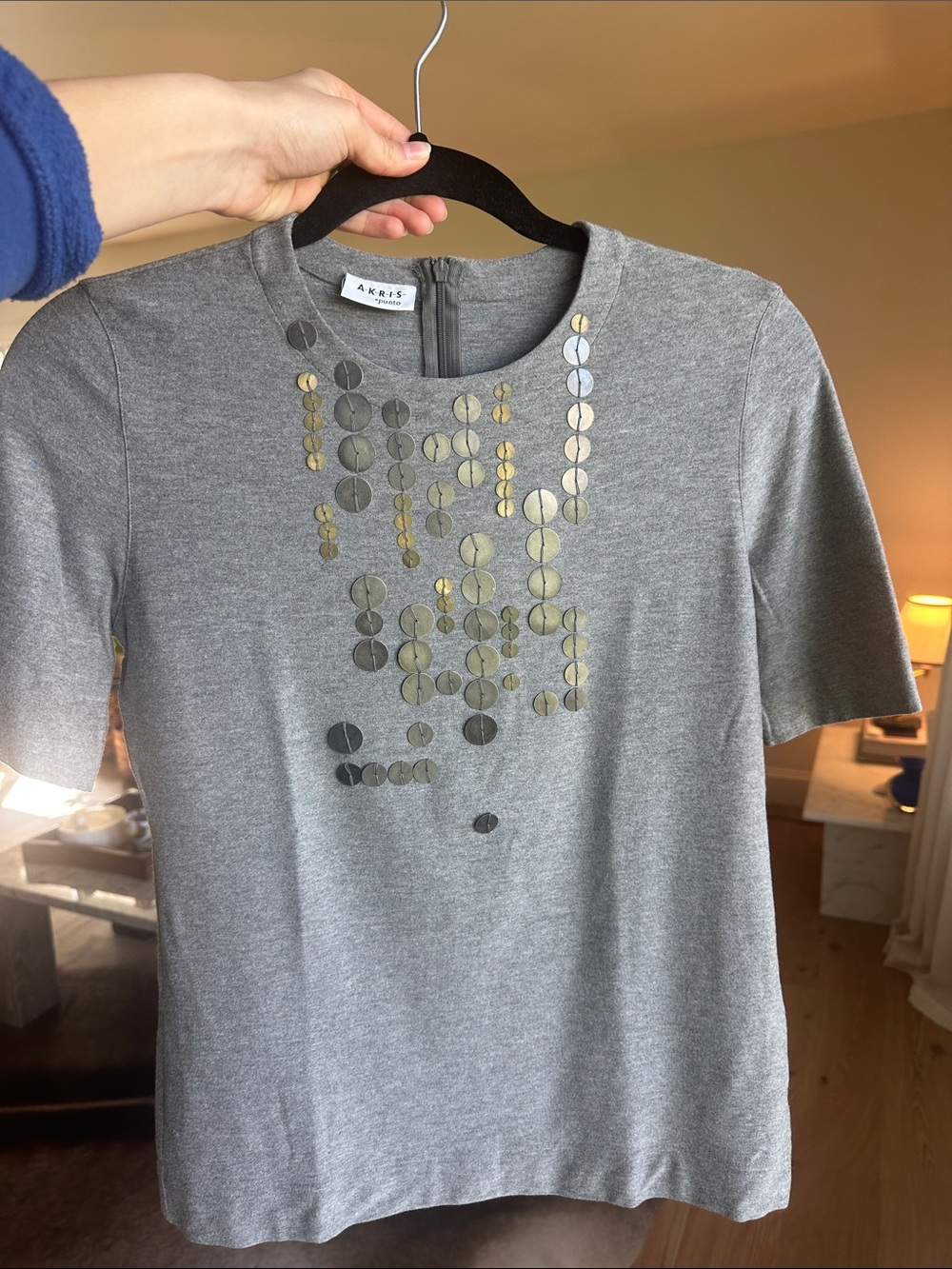 Gray Akris Punto Short-Sleeve Tee with Metallic Coins Detail